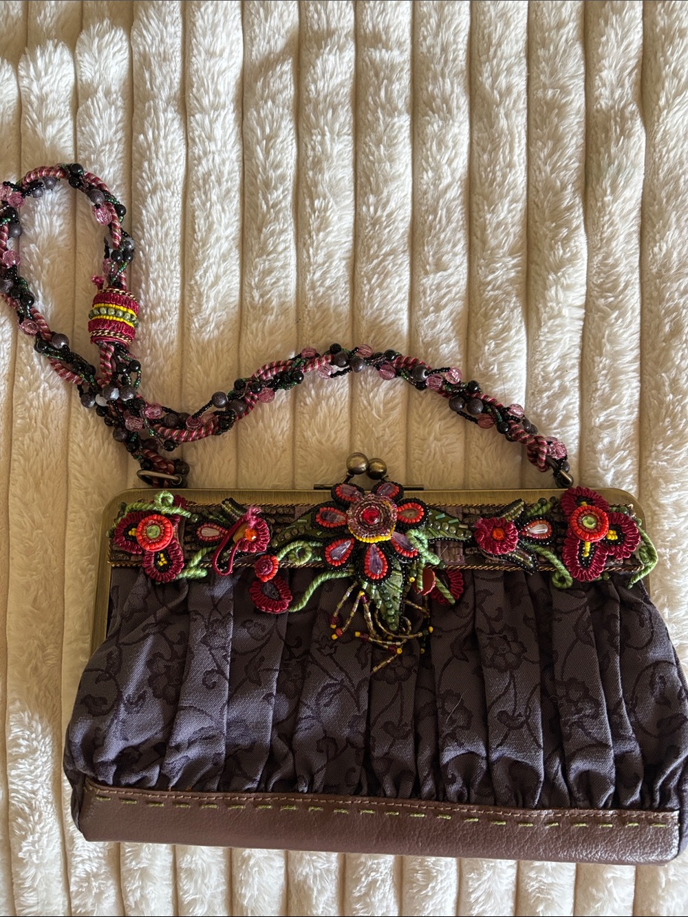 Original Mary Frances Gray Beaded Floral Embellished Shoulder Bag